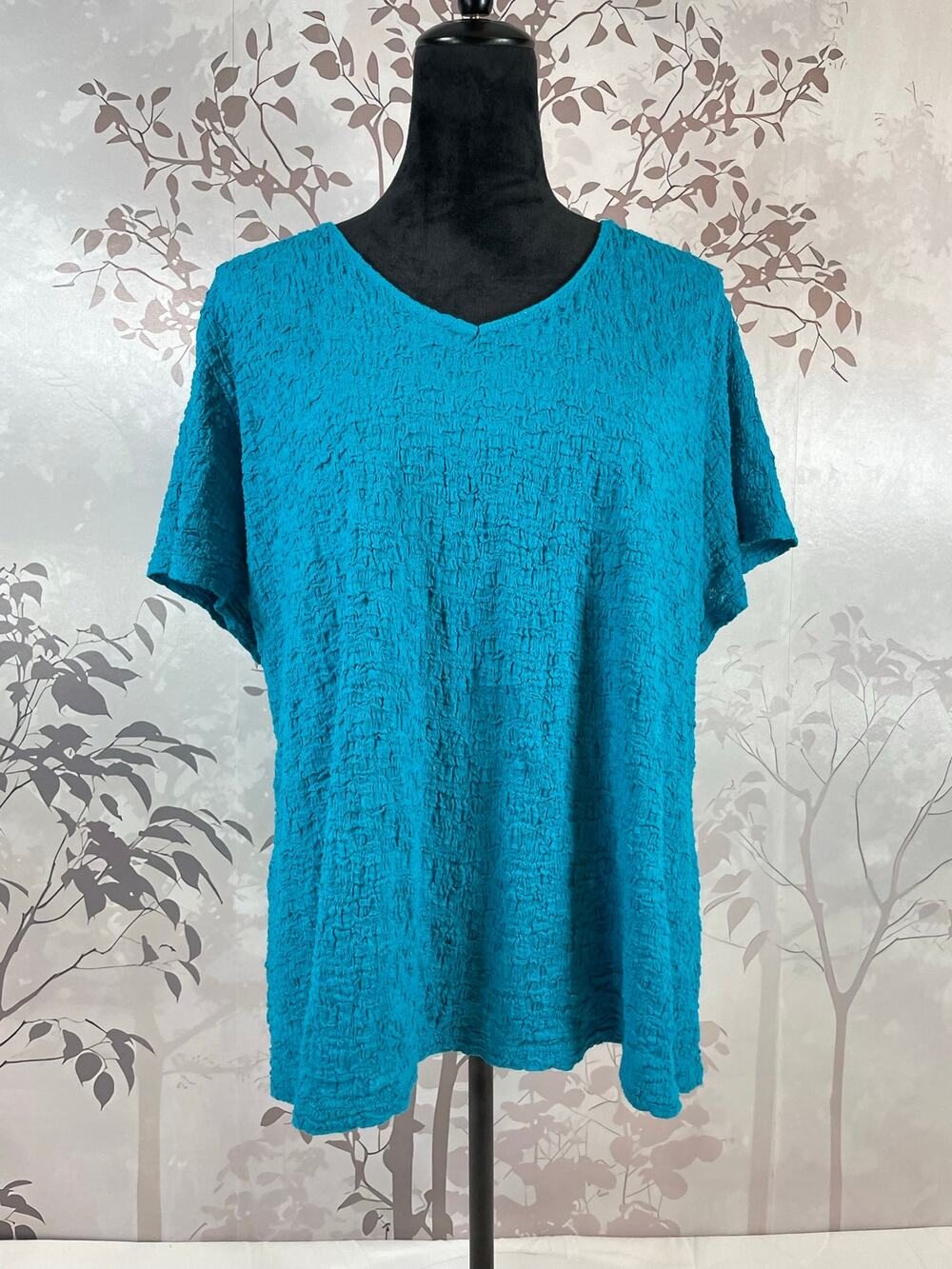 Jaclyn Smith 3X Crinkle Textured Teal Blue V-Neck Short Sleeve Top Vibrant